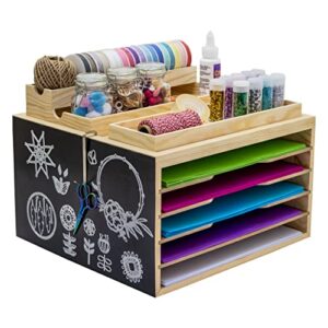 hyggehaus scrapbook paper storage & organization – art & craft organizer made from solid pinewood | 3 storage trays, magnetic adhesive sheet, hook for scissors & portability handle | stackable design