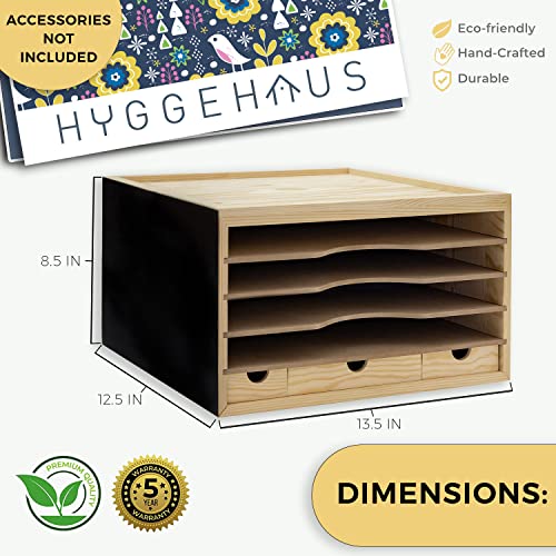 HYGGEHAUS Scrapbook Paper Storage & Organization - Art & Craft Organizer Made from Solid Pinewood | 3 Storage Trays, Magnetic Adhesive Sheet, Hook for Scissors & Portability Handle | Stackable Design