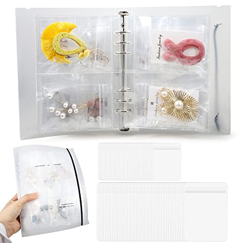 LucyPhy Jewelry Earring Organizer Storage Bags Book Travel Jewelry Case Container Transparent Ring Necklace Bracelets Organizer Book with Pockets (90 Grids + 90 sealed PVC Zipper Bags)