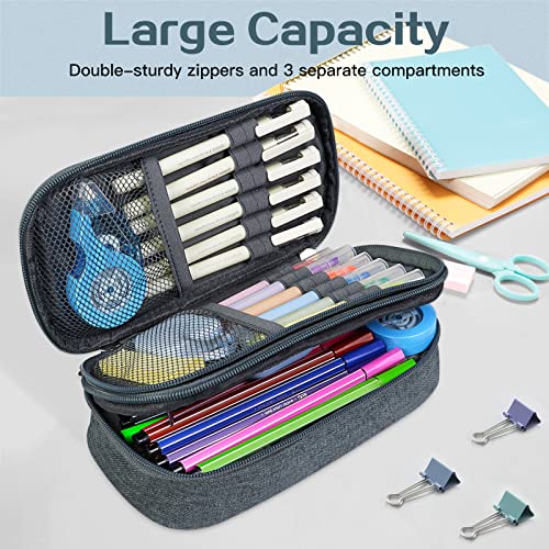 Large Pencil Case, 2022 Upgraded Big Capacity Pencil Pouch Pencil Bag for School Kids Girls Boys Teens Preppy Adults, Aesthetic Simple Pencil Case Organizer with Zipper-Grey