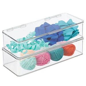 mdesign long plastic craft room stackable storage organizer box containers with hinged lid for thread, beads, ribbon, glitter, clay, sewing, crochet, fabric, stamps, and scissors, 2 pack – clear