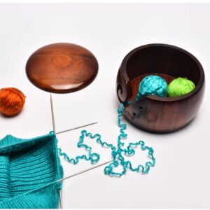 Wooden Yarn Bowl,Yarn Bowls with Lid for Knitting Crochet Yarn Ball Holder Handmade Yarn Storage Bowl for DIY Knitting Crocheting Crochet Kit Organizer Accessories with 12 Crochet Hooks (Dark Wood)