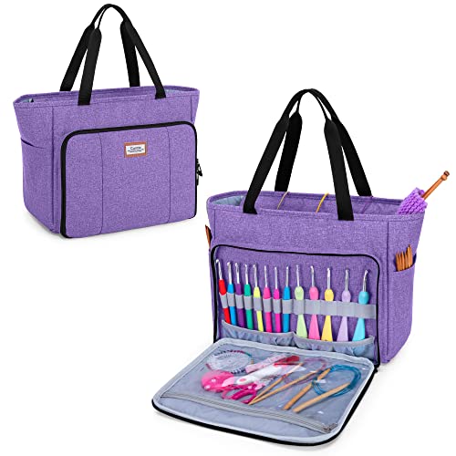 CURMIO Knitting Tote Bag, Yarn Storage Bag with Pockets for Crochet Hooks, Knitting Needles, Knitting Project and Accessories, Purple (Bag Only, Patented Design)