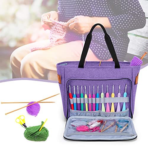 CURMIO Knitting Tote Bag, Yarn Storage Bag with Pockets for Crochet Hooks, Knitting Needles, Knitting Project and Accessories, Purple (Bag Only, Patented Design)