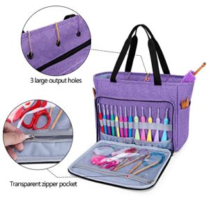 CURMIO Knitting Tote Bag, Yarn Storage Bag with Pockets for Crochet Hooks, Knitting Needles, Knitting Project and Accessories, Purple (Bag Only, Patented Design)