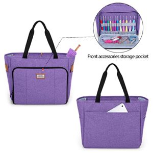 CURMIO Knitting Tote Bag, Yarn Storage Bag with Pockets for Crochet Hooks, Knitting Needles, Knitting Project and Accessories, Purple (Bag Only, Patented Design)