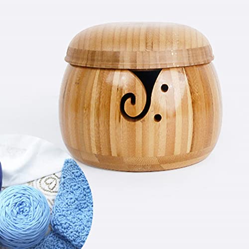 Joyeee Bamboo Yarn Bowls, Handmade Yarn Storage Round Woven Bowl with Drills Holes and Lid, Yarn Holder for Knitting and Crochet for Mum Wife Granny Gift, Smooth, Lightweight, 5.9 inch #5