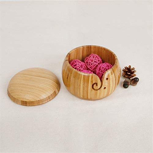 Joyeee Bamboo Yarn Bowls, Handmade Yarn Storage Round Woven Bowl with Drills Holes and Lid, Yarn Holder for Knitting and Crochet for Mum Wife Granny Gift, Smooth, Lightweight, 5.9 inch #5
