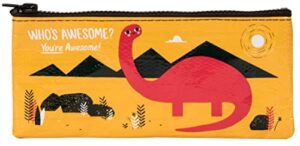 blue q pencil case ~ who’s awesome? you’re awesome! (dinosaur with dimples). hefty zipper, easy-to-rinse-clean, 95% recycled material. store makeup, chargers, coupons, pencils. 4.25″h x 8.5″w
