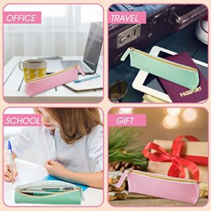 TIESOME Leather Pen Pencil Case, 2PCS Cute Slim Pen Bag Small Pencil Pouch Lovely Stationery Bag Portable Cosmetic Bag Zipper Bag for Pen Pencils Markers(Green+Pink)