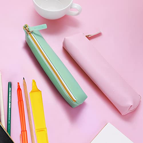 TIESOME Leather Pen Pencil Case, 2PCS Cute Slim Pen Bag Small Pencil Pouch Lovely Stationery Bag Portable Cosmetic Bag Zipper Bag for Pen Pencils Markers(Green+Pink)