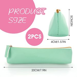 TIESOME Leather Pen Pencil Case, 2PCS Cute Slim Pen Bag Small Pencil Pouch Lovely Stationery Bag Portable Cosmetic Bag Zipper Bag for Pen Pencils Markers(Green+Pink)