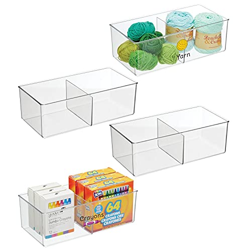 mDesign Plastic Craft & Sewing Storage Organizer Bin Box - 2 Divided Sections - Holder for Holds Paint, Colored Pencils, Glitter, Stickers, Glue, Yarn - 4 Pack + 24 Adhesive Labels - Clear