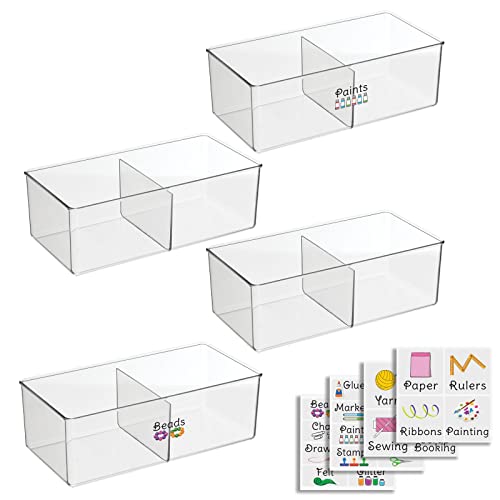 mDesign Plastic Craft & Sewing Storage Organizer Bin Box - 2 Divided Sections - Holder for Holds Paint, Colored Pencils, Glitter, Stickers, Glue, Yarn - 4 Pack + 24 Adhesive Labels - Clear