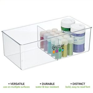 mDesign Plastic Craft & Sewing Storage Organizer Bin Box - 2 Divided Sections - Holder for Holds Paint, Colored Pencils, Glitter, Stickers, Glue, Yarn - 4 Pack + 24 Adhesive Labels - Clear