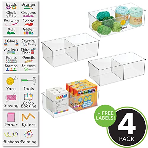 mDesign Plastic Craft & Sewing Storage Organizer Bin Box - 2 Divided Sections - Holder for Holds Paint, Colored Pencils, Glitter, Stickers, Glue, Yarn - 4 Pack + 24 Adhesive Labels - Clear