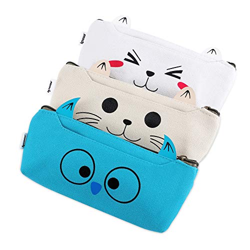 IPOW 3 Pack Kids Pen Cases, Cute Cat Pencil Pouches with Ears and Faces for Girls Boys and Adults, 3 Colors Pencil Bag for Pens, Markers and Erasers, Aesthetic Canvas Cosmetic Tool Pouch