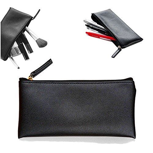 Mini Pencil Case Small Pen Bag with Zipper, PU Leather Makeup Pouch Makeup Case Cosmetic Pouch (Black)