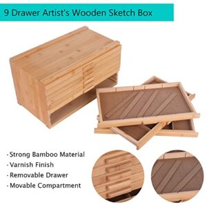 Vencer 9 Drawer Large Capacity Bamboo-Wood Artist Supply Storage Box with Separate Compartments,Pencils,Pen,Brushes and Tools for Designed Storage Art Materials