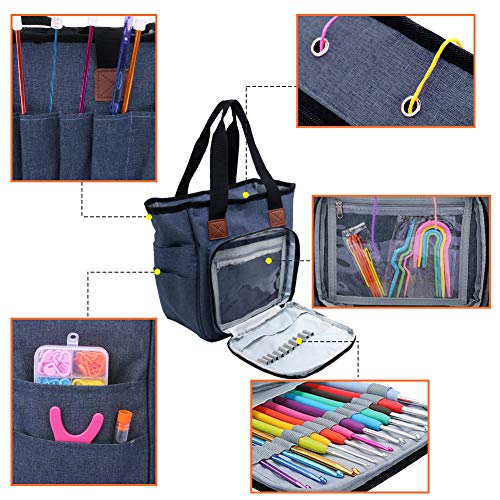 SumDirect Yarn Bag, Knitting Organizer Tote Bag Portable Storage Bag for Yarns, Carrying Projects, Knitting Needles, Crochet Hooks, Manuals and Other Accessories (Blue)