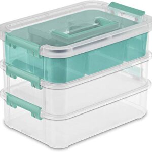 Tribello Plastic Storage Containers 3 Layer Handle Box, with Divided Top Bin, Store Small Items, Sewing Supplies, Art & Craft Supplies, and Ornament Organizer - Clear Carrying Case