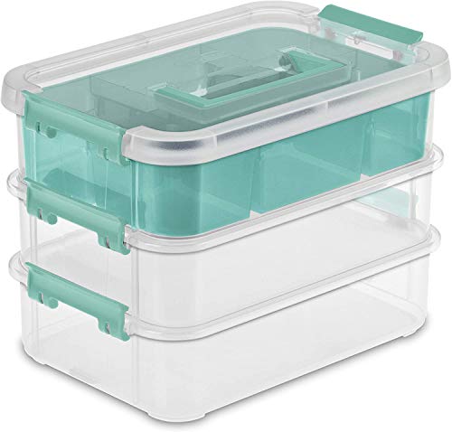 Tribello Plastic Storage Containers 3 Layer Handle Box, with Divided Top Bin, Store Small Items, Sewing Supplies, Art & Craft Supplies, and Ornament Organizer - Clear Carrying Case