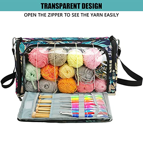 Looen Crochet Bag, Yarn Storage Tangle Free with Yarn Hole, Knitting Bag for Crochets Bamboo Knitting Needles and Yarns(Blue Leaves)