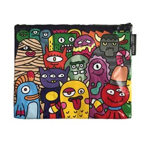 odds n totes jumbo zipper pouch | made from recycled plastic, large zipper pouch for art school office supplies, travel toiletry bag, travel pouch – funny monsters
