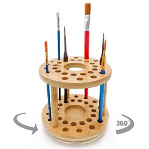 paint brush holder 360 rotating bamboo display drying stand watercolor coloring brush organizer display stand tray rack with 29 holes（1 big hole 23 middle holes 5 small holes）