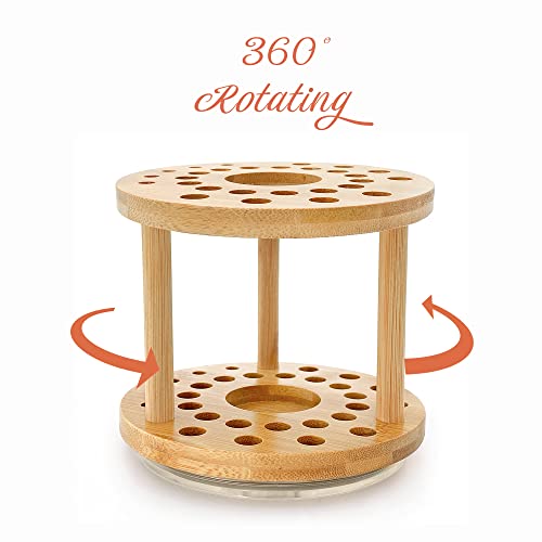 Paint Brush Holder 360 Rotating Bamboo Display Drying Stand Watercolor Coloring Brush Organizer Display Stand Tray Rack with 29 Holes（1 Big Hole 23 middle Holes 5 Small Holes）