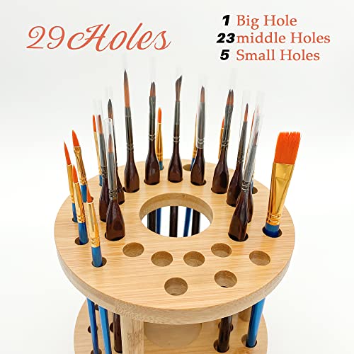 Paint Brush Holder 360 Rotating Bamboo Display Drying Stand Watercolor Coloring Brush Organizer Display Stand Tray Rack with 29 Holes（1 Big Hole 23 middle Holes 5 Small Holes）
