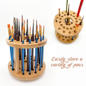 Paint Brush Holder 360 Rotating Bamboo Display Drying Stand Watercolor Coloring Brush Organizer Display Stand Tray Rack with 29 Holes（1 Big Hole 23 middle Holes 5 Small Holes）