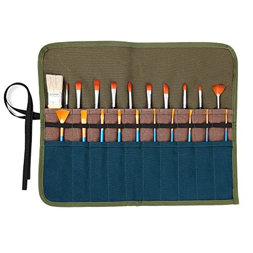 Kaaltisy Artist Paintbrush Carry Pouch, Heavy Duty 16oz Waxed Canvas Pencil & Brush Storage Bag, 20 Slots Paintbrush Organizer Case (Army Green)