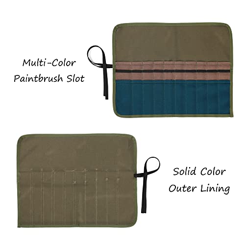 Kaaltisy Artist Paintbrush Carry Pouch, Heavy Duty 16oz Waxed Canvas Pencil & Brush Storage Bag, 20 Slots Paintbrush Organizer Case (Army Green)