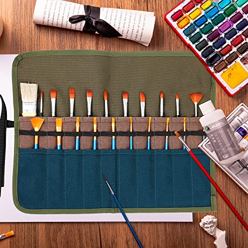 Kaaltisy Artist Paintbrush Carry Pouch, Heavy Duty 16oz Waxed Canvas Pencil & Brush Storage Bag, 20 Slots Paintbrush Organizer Case (Army Green)