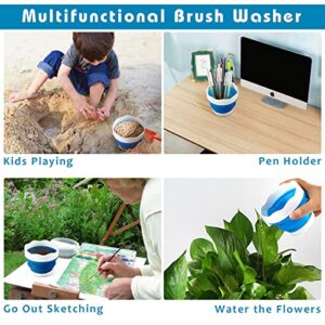 Fivtyily Portable Collapsible Paint Brush Washer with Brush Holder Silicone Washing Bucket for Watercolor Acrylic Oil Painting (Blue)