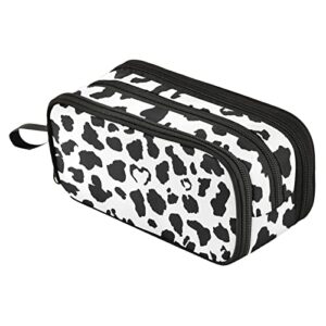 fustylead black white milk cow skin print large pencil pen case stationery bag, 3 compartments school college office desk organizer storage pouch marker for teen boys girls students