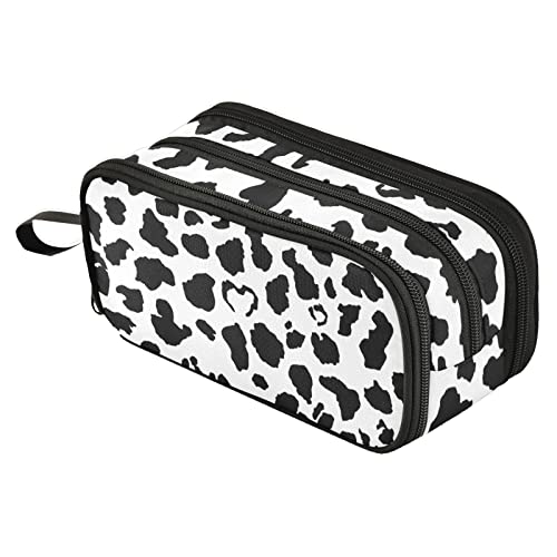 Fustylead Black White Milk Cow Skin Print Large Pencil Pen Case Stationery Bag, 3 Compartments School College Office Desk Organizer Storage Pouch Marker for Teen Boys Girls Students