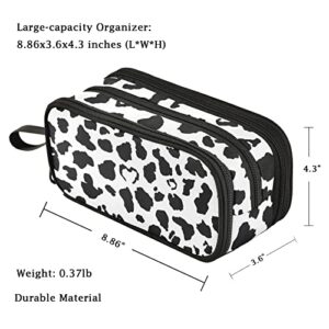 Fustylead Black White Milk Cow Skin Print Large Pencil Pen Case Stationery Bag, 3 Compartments School College Office Desk Organizer Storage Pouch Marker for Teen Boys Girls Students