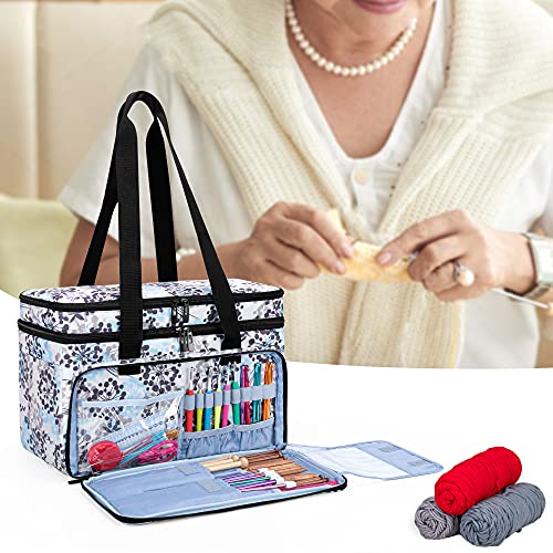 CURMIO Double-Layer Knitting Tote Bag, Yarn Storage Bag with Compartments for Crochet Hooks, Knitting Needles (Up to 14 Inches), Knitting Project and Accessories, Dandelion (Bag Only, Patented Design)