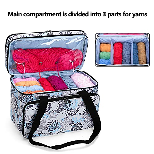 CURMIO Double-Layer Knitting Tote Bag, Yarn Storage Bag with Compartments for Crochet Hooks, Knitting Needles (Up to 14 Inches), Knitting Project and Accessories, Dandelion (Bag Only, Patented Design)