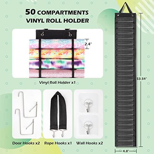 RYBPVC Vinyl Holder with 50 Compartments, Vinyl Roll Holder Wall Mount/ Over The Door, Craft Vinyl Storage Organizer, Hanging Vinyl Organizer with 4 hooks (Black)