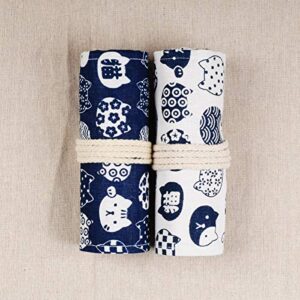 Enyuwlcm Canvas Stationery Handmade Roll Up Pencil Case for Artist Pencil Wrap Coloring Pencil Holder 24/36/48/72 Slots Cat Pattern Blue(72slots)