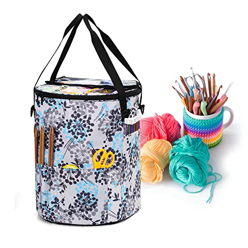 Teamoy Knitting Tote Bag, Yarn Storage Crochet Bag Organizer for Knitting Needles, Yarn, Unfinished Projects, Crochet Hooks, and Other Supplies, Dandelion