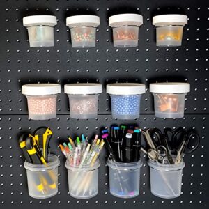 peg board organizer storage jars with steel rings peg board cups bins pegboard accessories for garage storage, organization, craft sewing -set of 12(half-clear white)