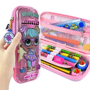 L.O.L. Surprise! Pencil Case for Kids, 3D Embossed Large Capacity Portable Pen Pouch with Compartment, Cute Zipper Storage Pencil Bag Stationery Box