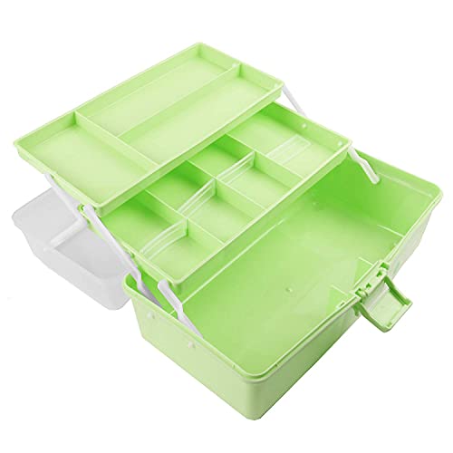 Shopwithgreen 13.2'' Three-Layer Storage Box with Tray, Plastic Portable Folding Tool Box, Multipurpose Organizer and Storage Case for Art Craft and Cosmetic, Students Drawing Tool Box (Green)