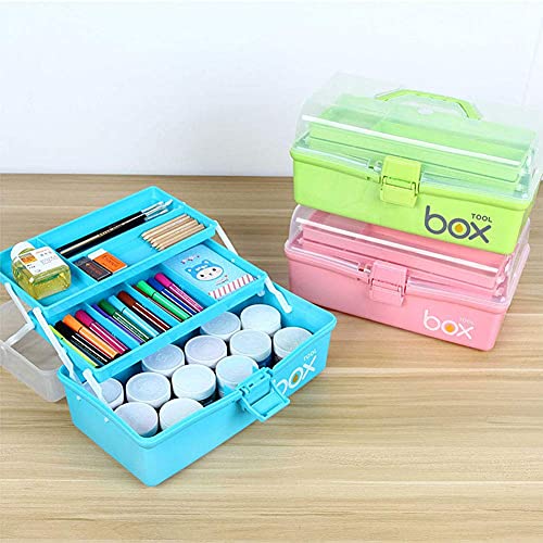 Shopwithgreen 13.2'' Three-Layer Storage Box with Tray, Plastic Portable Folding Tool Box, Multipurpose Organizer and Storage Case for Art Craft and Cosmetic, Students Drawing Tool Box (Green)