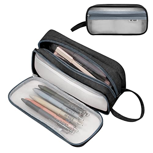 VIC VSEE Mesh Pencil Case Pencil Bag, Clear Pencil Pouch Multi-Purpose, Cute Pencil Case Large Capacity Makeup Bag Travel Office School College Gift for Adults Teen Girl Boy, Black