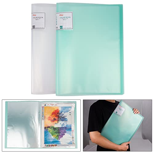 2 Pieces Diamond Painting Storage Book, A3 30 Pages Art Portfolio Presentation Folder Storage Bag, Clear Pockets Sleeves Protectors for Diamond Painting, Photos, Artworks, Posters(Light Green + White)